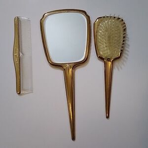 Vintage Ornate Handheld Vanity Of Set 3 Pc Comb Hand Mirror Brush Tone Gold